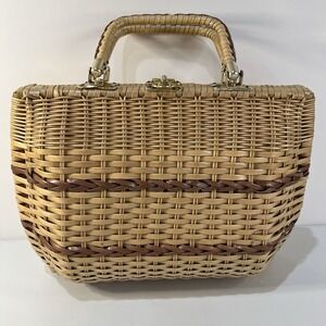 Vintage Wicker Rattan Handbag British Hong Kong Double Handles Footed Turnlock